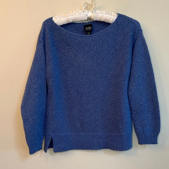 Eileen Fisher Petite Blue Boatneck Sweater – Wool Blend – Size PM – Preowned - Picture 1 of 6